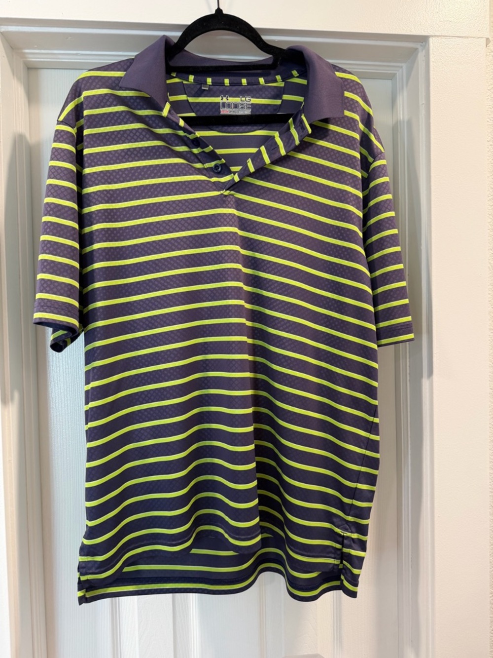Under Armour Men's Little Traverse Bay Golf Polo in Purple & Neon Green Stripes